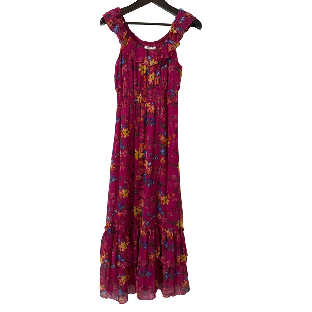 Old Navy Floral‎ Maxi Dress Ruffle Straps Smocked Waist Pink Womens M